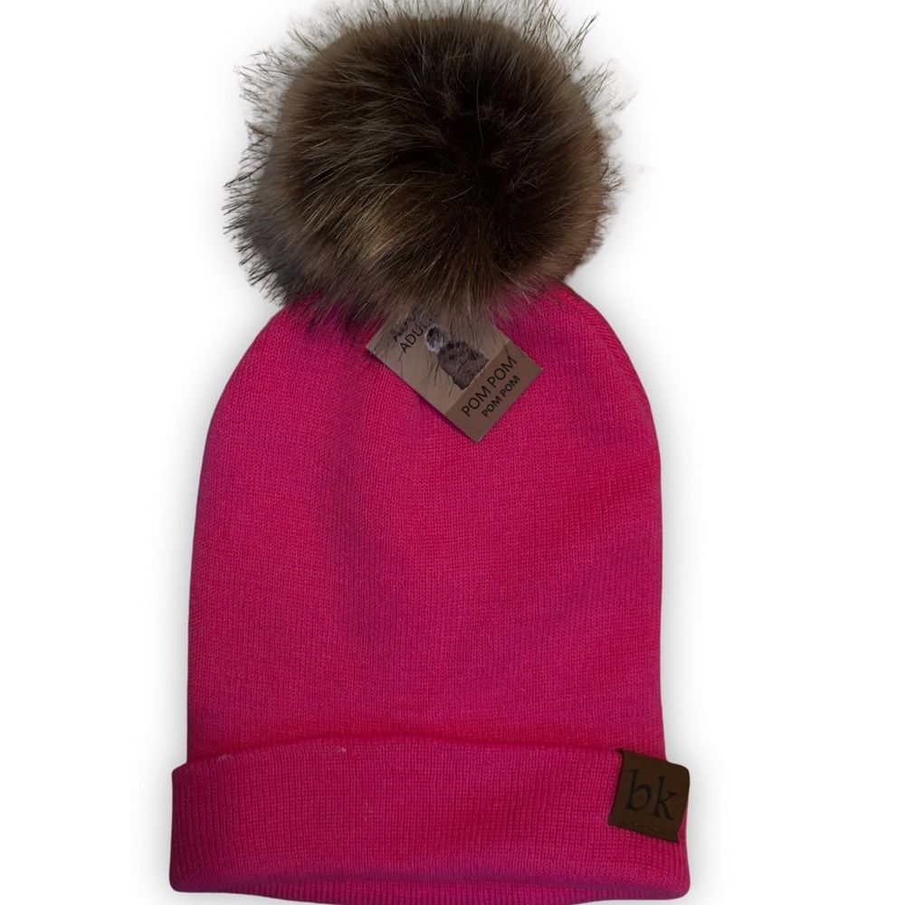 Vibrant Pink Beanie with Faux Fur Pom Pom